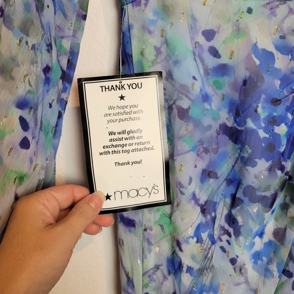 NWT Adrianna Papell Abstract Floral Metallic Chiffon Blue High-Low Dress Size 10 - Picture 14 of 16